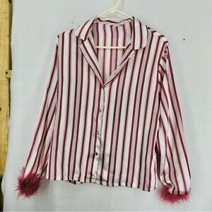 Linea Donatella Striped Pajama Button Down Long Sleeve Top Medium Red